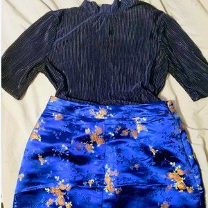 Blue shiny metallic dreamy outfit Asian floral skirt